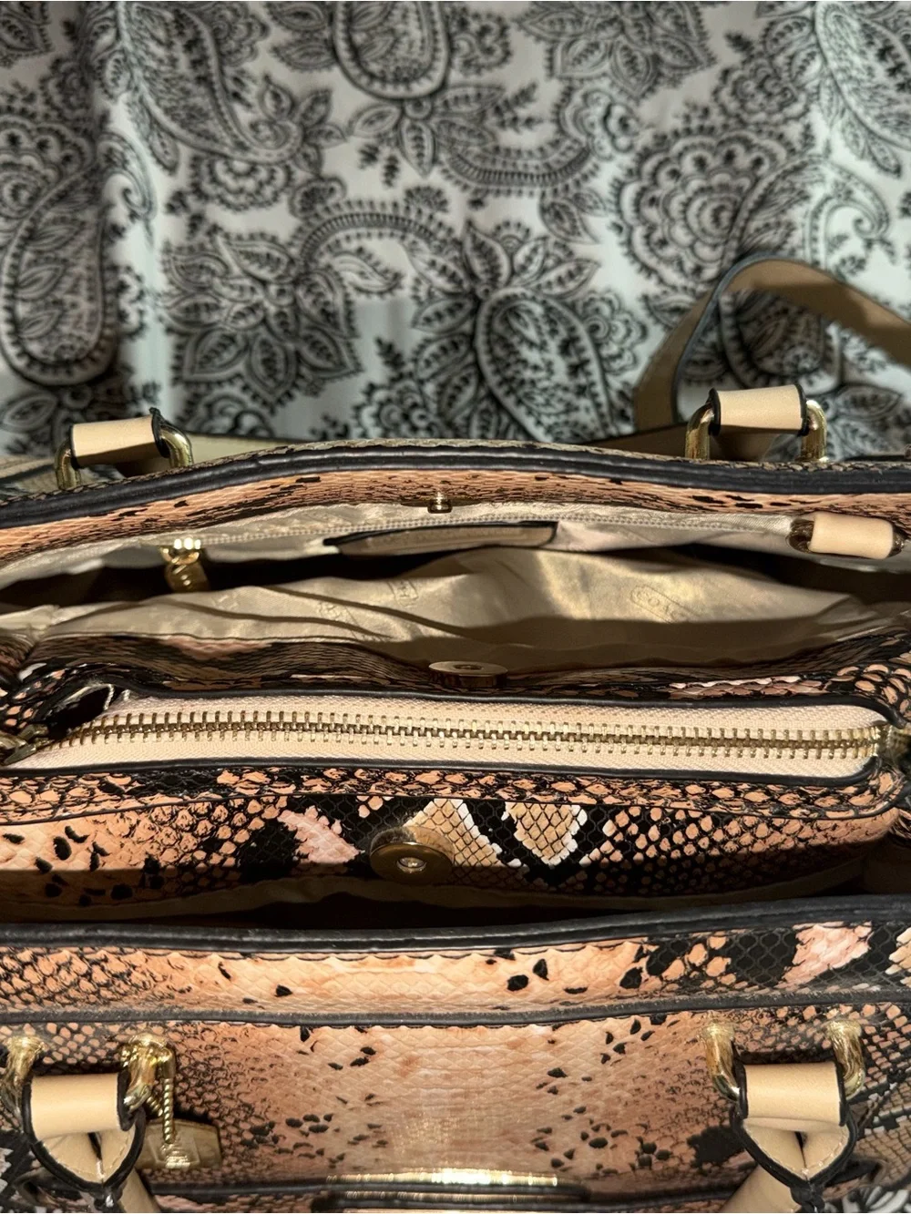 Coach Python-Print Satchel Handbag in Beige and Black
